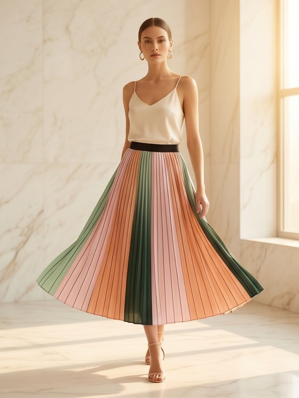 Ted Baker Soft Lilac, Peach, Green, Striped Pleated Elegant Midi Skirt